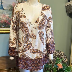 Lucky Brand White Blue Orange Paisley Boho Tunic Blouse